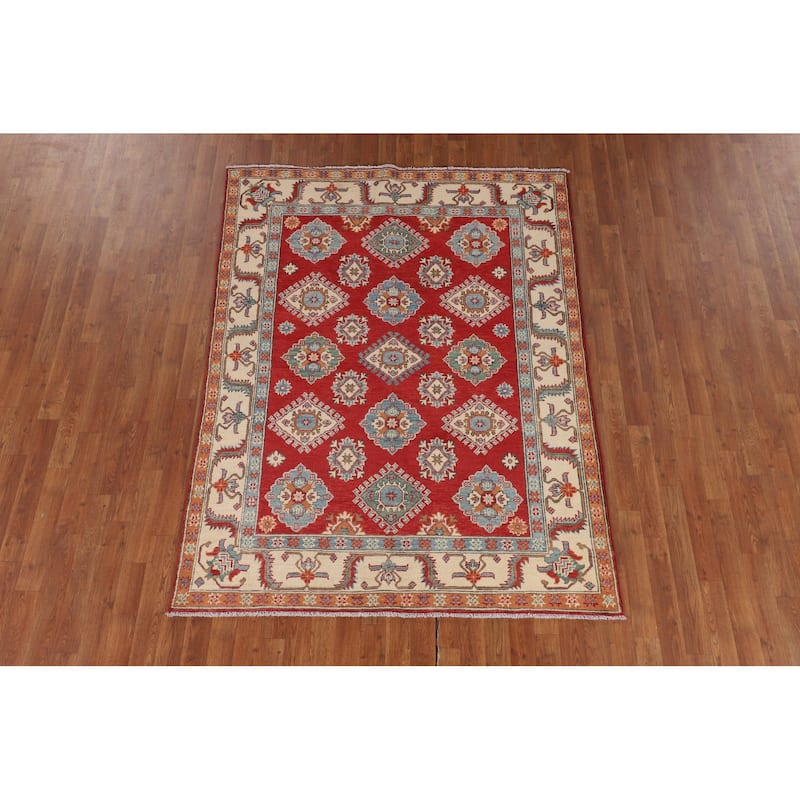 Geometric Red Kazak Oriental Area Rug Handmade Bedroom Wool Carpet - 5'0" x 6'9"
