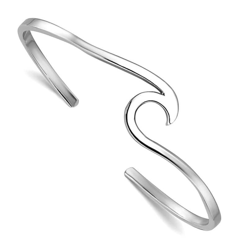 Curata 925 Sterling Silver 58mm Polished Wave Adjustable Cuff Bangle Bracelet