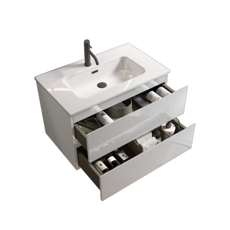 Wall Mount Glossy Bathroom Vanity with Ceramic Sink with Single Hole - Glossy White