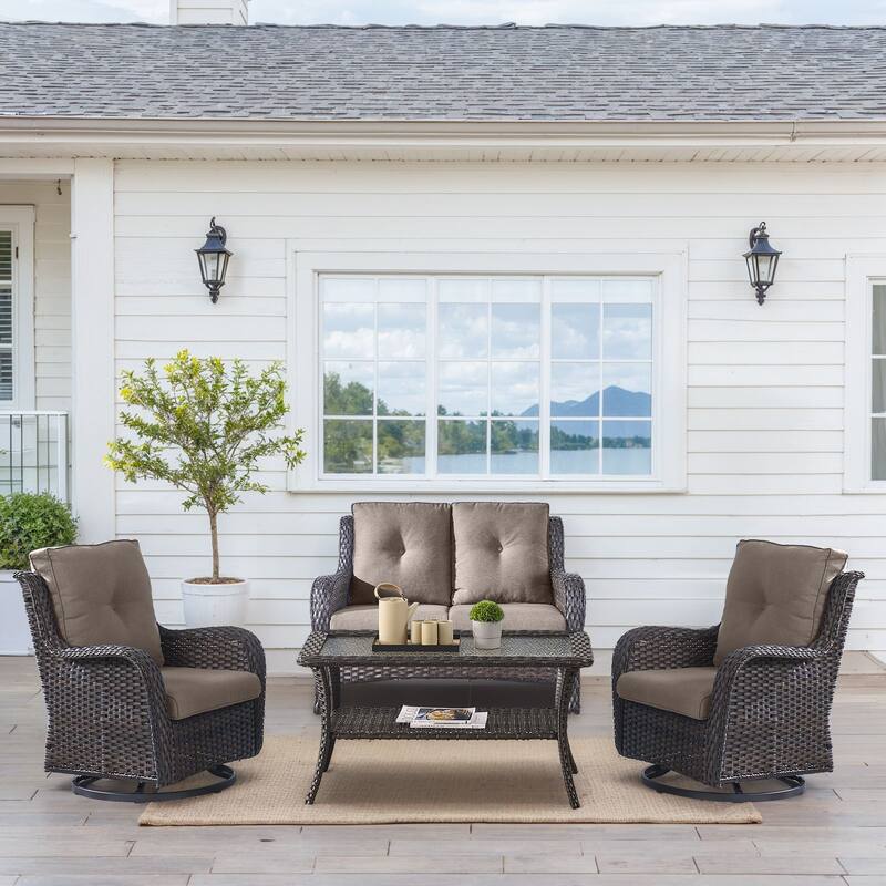 Outdoor Swivel Chairs with Loveseat Coffee Table - Brown - Grey