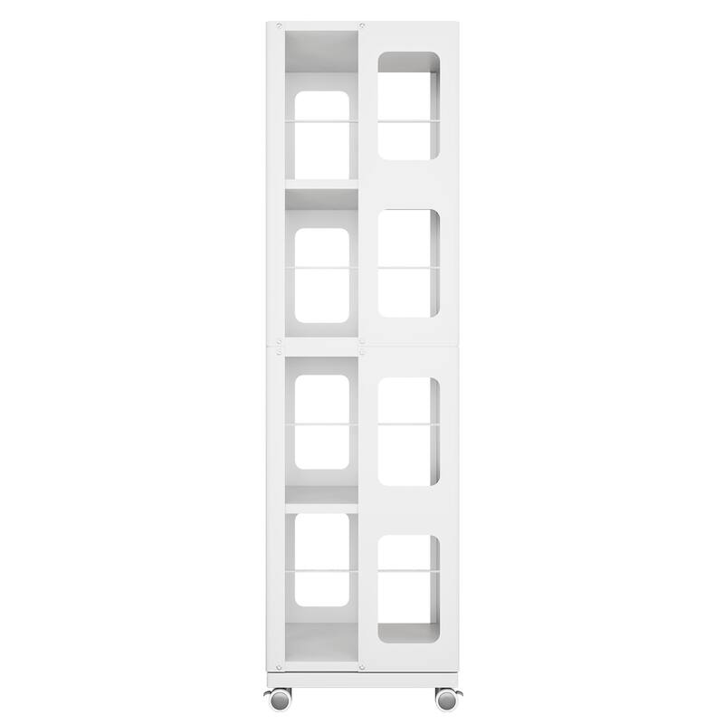 Rotating Bookshelf Tower 4 Tier All-Steel with 360° Wheels，Moveable Storage Rack Corner Bookshelf