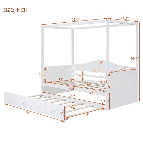 Solid Wood Twin Size Canopy Daybed with Twin Trundle Bed,White