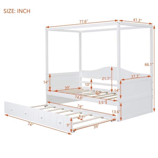 Twin Size Canopy Day Bed with Built-in Backrest and Hidden Trundle