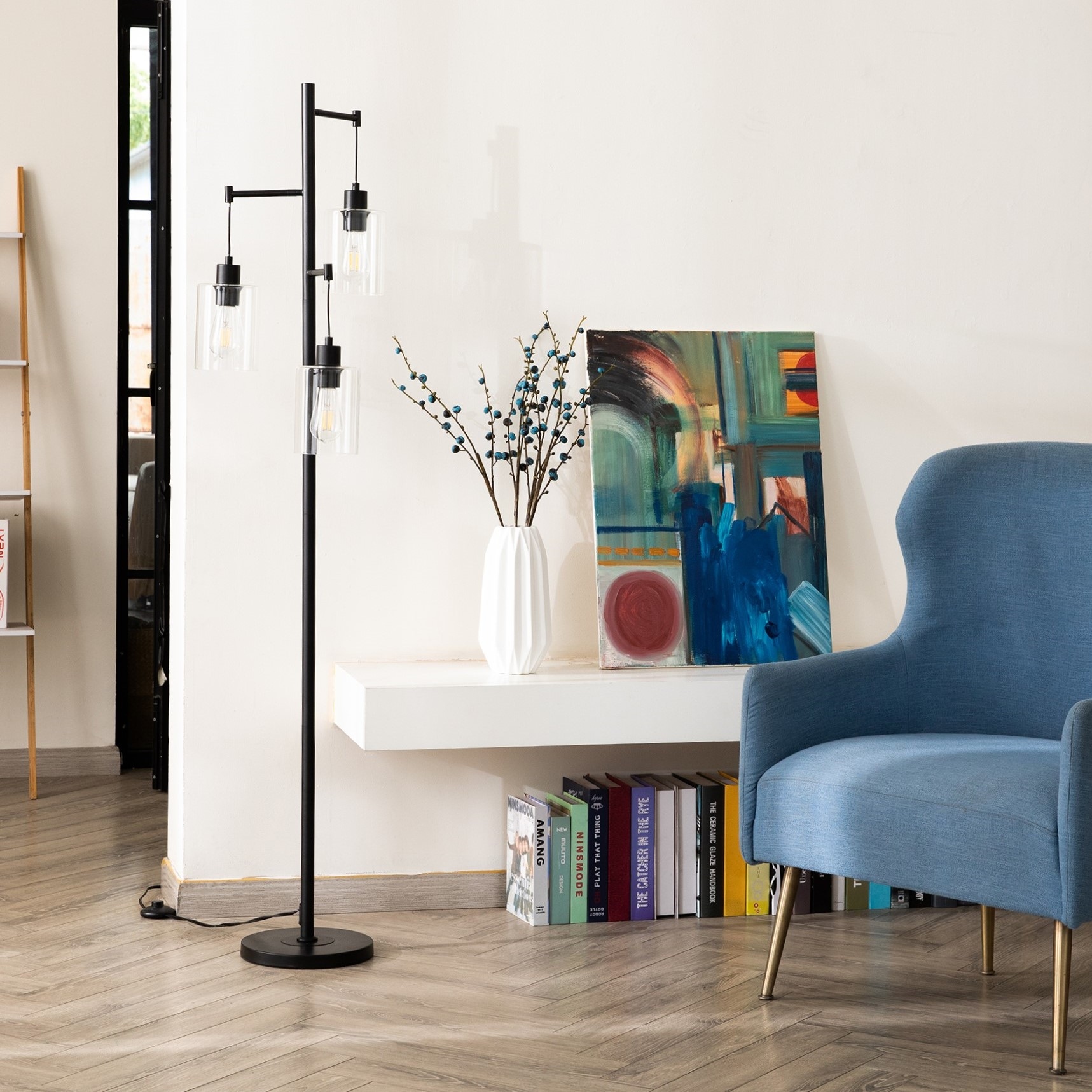 CO Z 3 Light 65 Black Industrial Floor Lamp Hanging Glass Shades