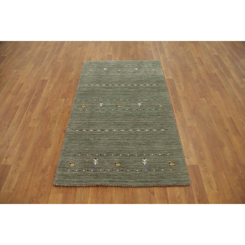 Hand Knotted Oriental 100% Wool Carpet Tribal Animal Pictorial Green Gabbeh Area Rug - 4' 11'' X 3' 0''
