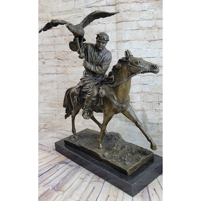 Horse Mounted Khazak Eagle Falcon Hunter Trained Bird Bronze Statue Sculpture Figure 21 Inches X 21 Inches