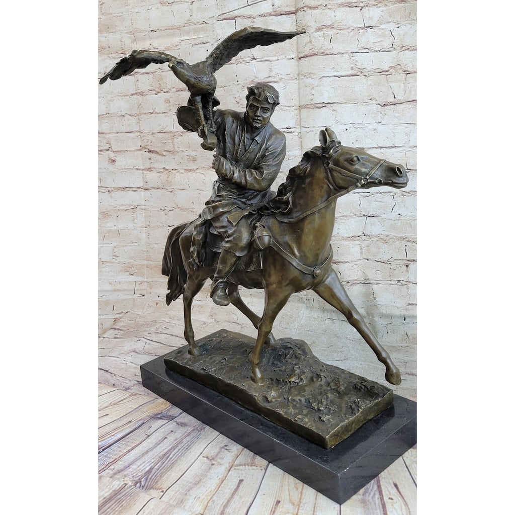Horse Mounted Khazak Eagle Falcon Hunter Trained Bird Bronze Statue Sculpture Figure 21 Inches X 21 Inches