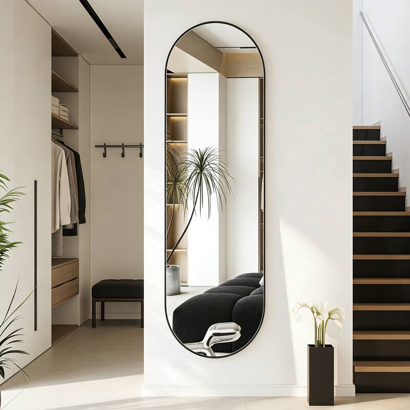 Rust-Proof Brushed Aluminum Frame Oval Full-Length Mirror - Black