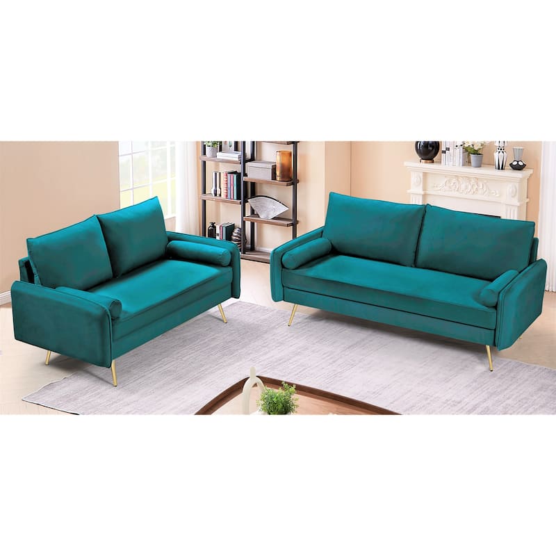 Villeda Velvet Mid-century modern 2PCS living room set - Greenish Blue