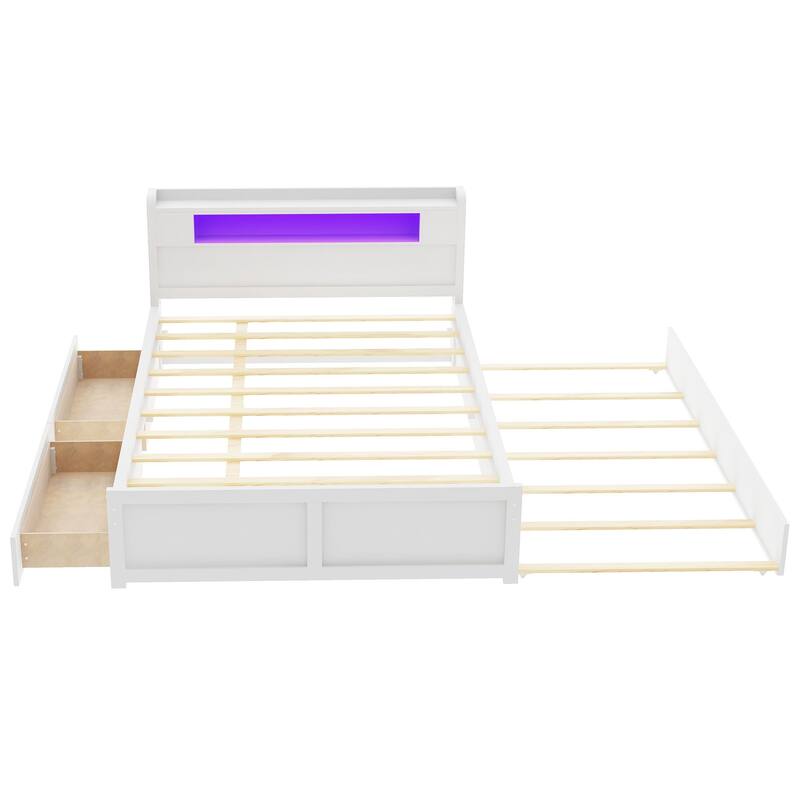 Queen Size Platform Bed with LED Headboard, Trundle & Drawers