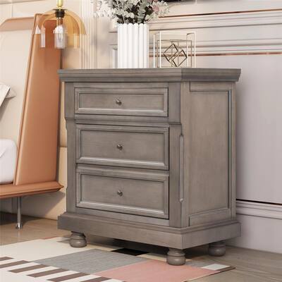 Clihome Wood Vintage Nightstand with 3 Drawers