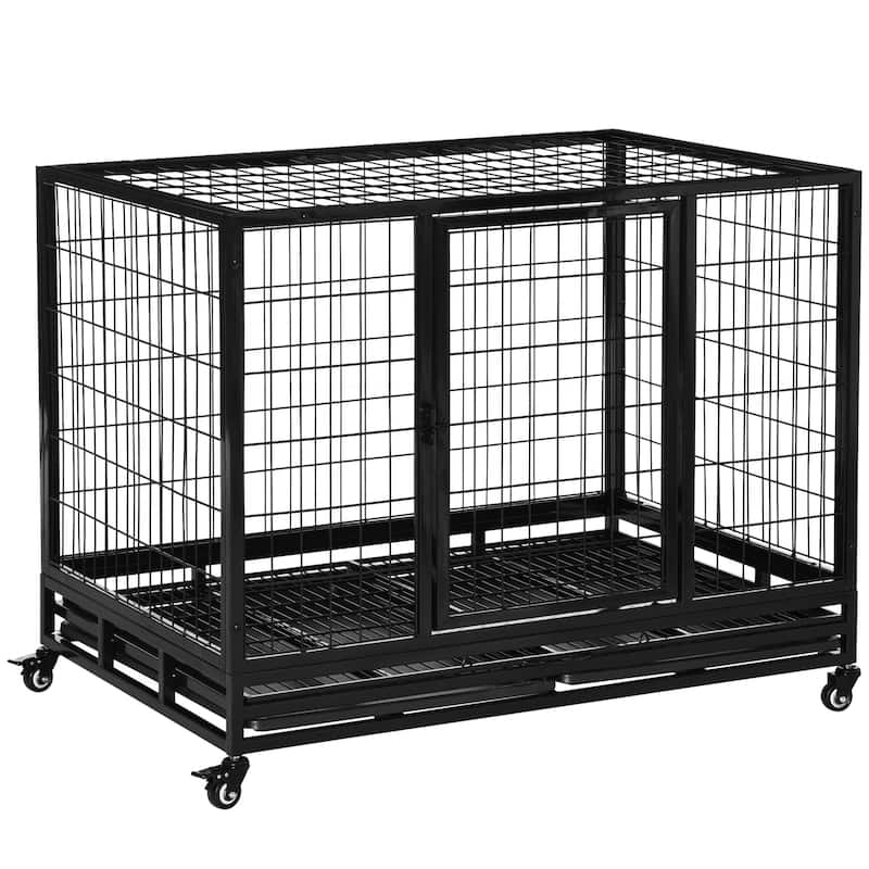 PawHut 43" Heavy Duty Dog Crate, Indestructible Dog Cage Kennel with Removable Tray, Lockable Wheels and Double Door, Black - Black