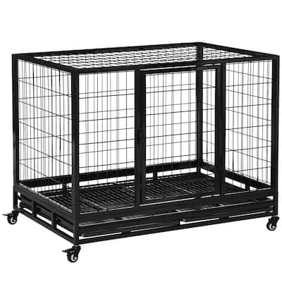 PawHut 43" Heavy Duty Dog Crate, Indestructible Dog Cage Kennel with Removable Tray, Lockable Wheels and Double Door, Black