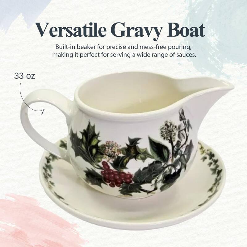 Portmeirion Christmas The Holly and Ivy Gravy Boat and Stand - 55.63 Fluid Ounces (1 L)