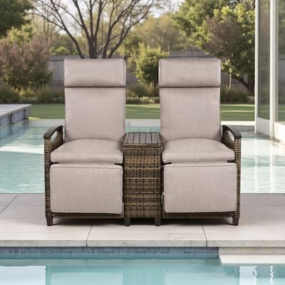 Outdoor Lounge Chair, Adjustable Reclining Loveseat with Built-in Storage Table, Acacia Wood Armrests and Thick Cushions