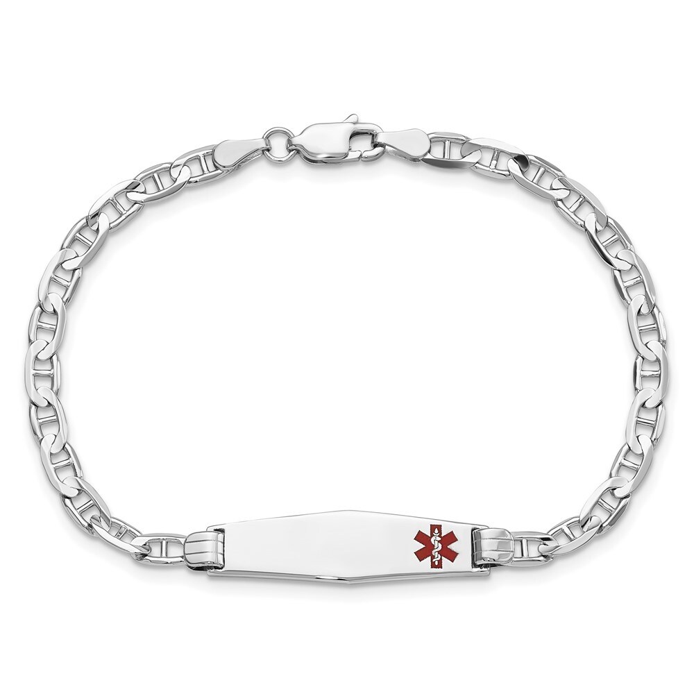 Brilliant Bijou 14K White Gold Medical Soft Diamond Shape Red Enamel Anchor Link ID Bracelet 7 inches 