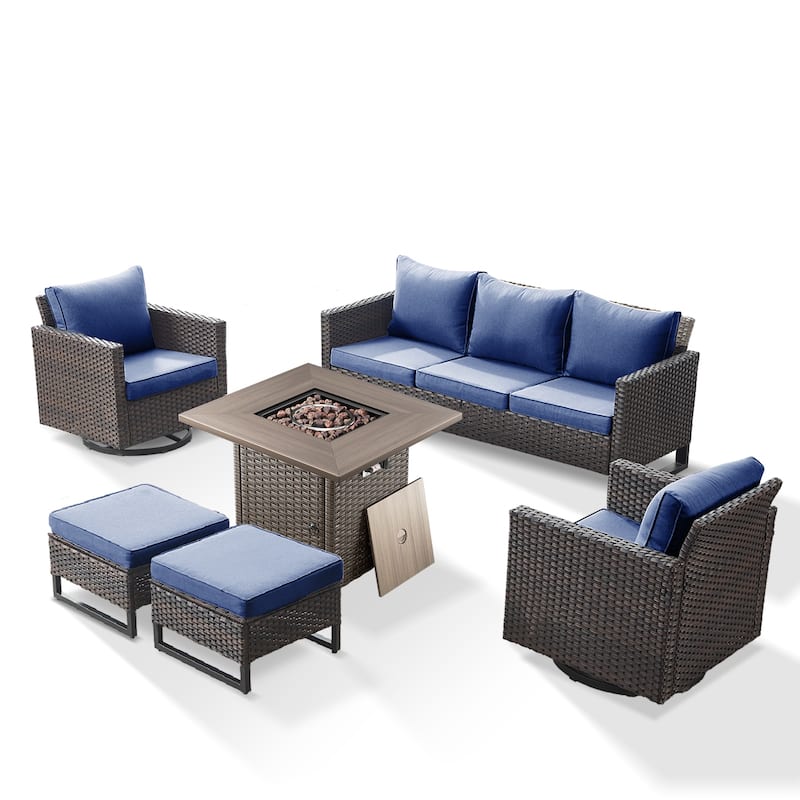 6 Pieces Fire Pit Table with Sofa Swivel Chair Ottoman Set