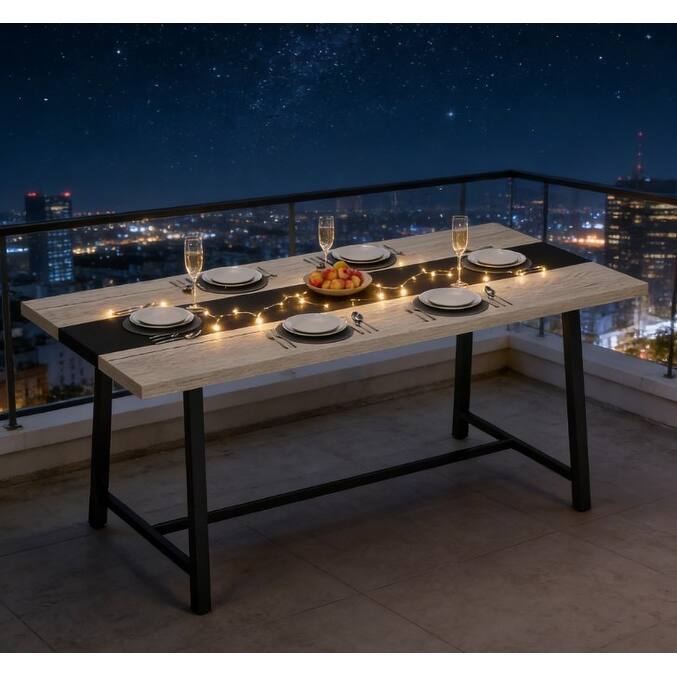 Dining Table with Wood Grain Top & Black Steel Legs, Scratch-Resistant Kitchen Table Work Table