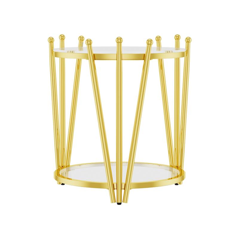 Modern Gold Round End Table with Tempered Glass Top & Crown Design for Living Room