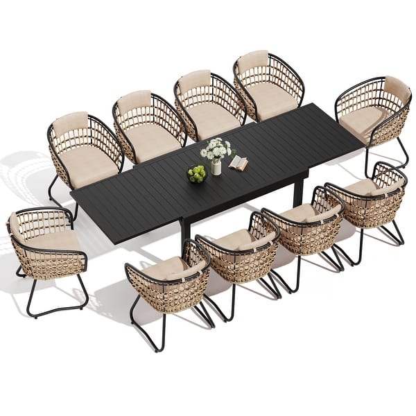 dimension image slide 2 of 10, 5/7/11-Piece Set Outdoor Aluminum Extendable Patio Dining Set Rectangle Table with Rattan Chairs