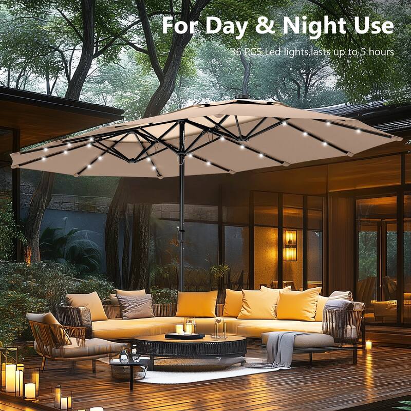 MAISON ARTS 15ft 2-Tier Large Patio Umbrella with Solar Lights, Double-Sided Outdoor Market Umbrellas with Base Included