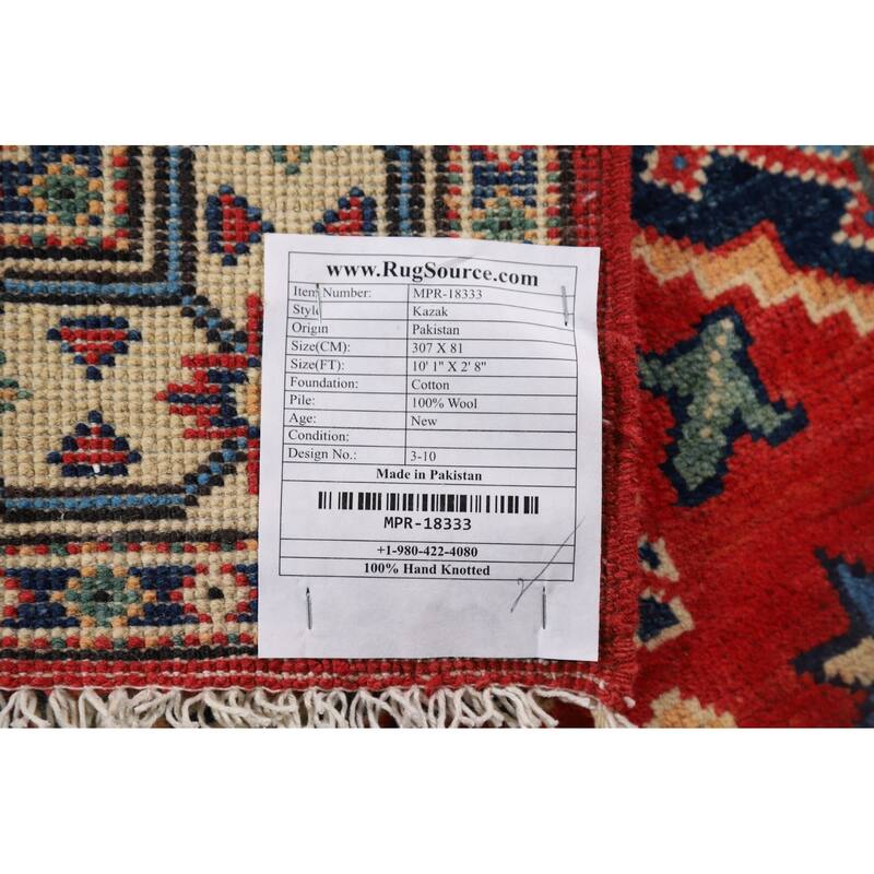 Geometric Kazak Runner Rug Hand-Knotted Wool Carpet - 2'8" x 10'1"