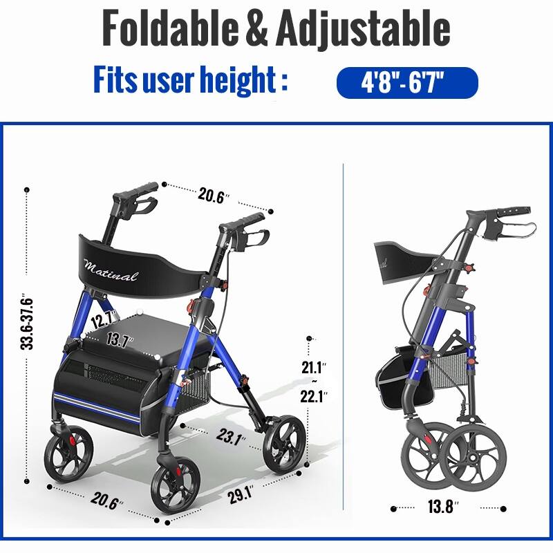Matinal Foldable Rollator Walkers with Seat for Seniors, 350 lb Capacity, 8'' Big Wheels, 6-Position Height