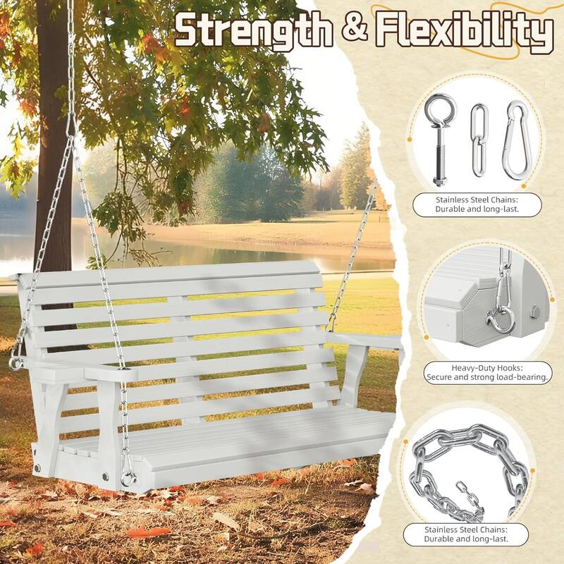 2-Seat Outdoor Wooden Porch Swing Bench with Hanging Chains & Wide Armrests & Cup Holder