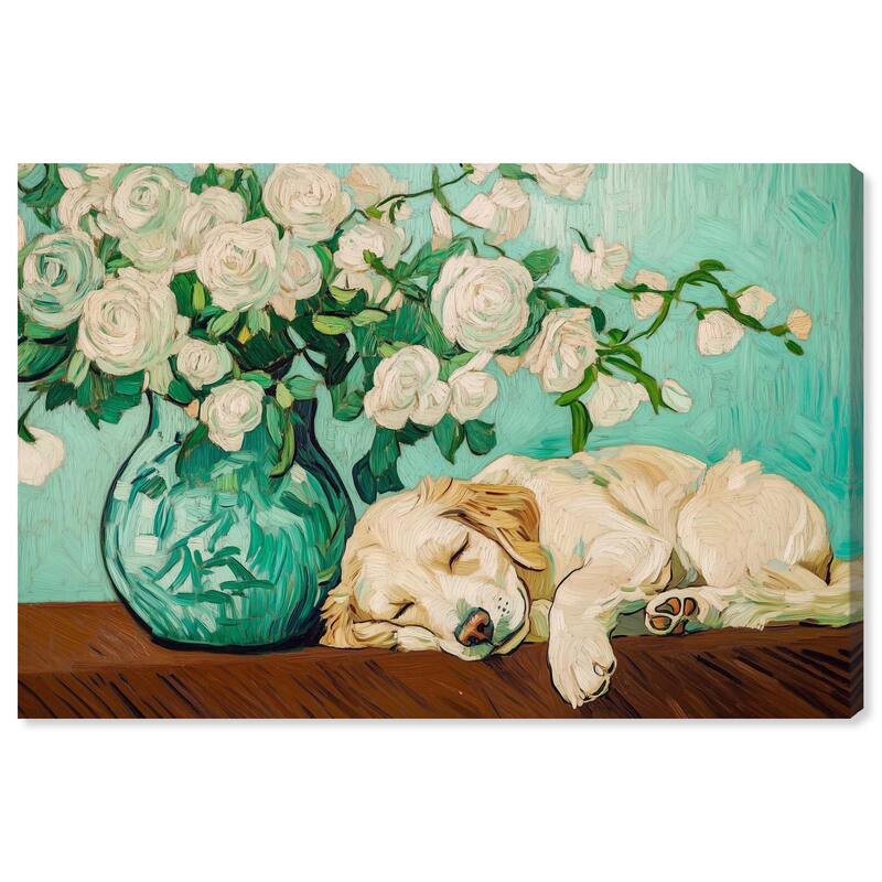 Rose Vase Puppy Canvas by Art Remedy, Gallery Wrapped - 24" x 16"