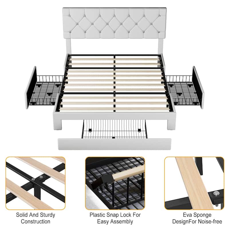 VECELO Bed Frame with Storage Drawers Leather Upholstered with Diamond Tufted Headboard Solid Wood Slat Support