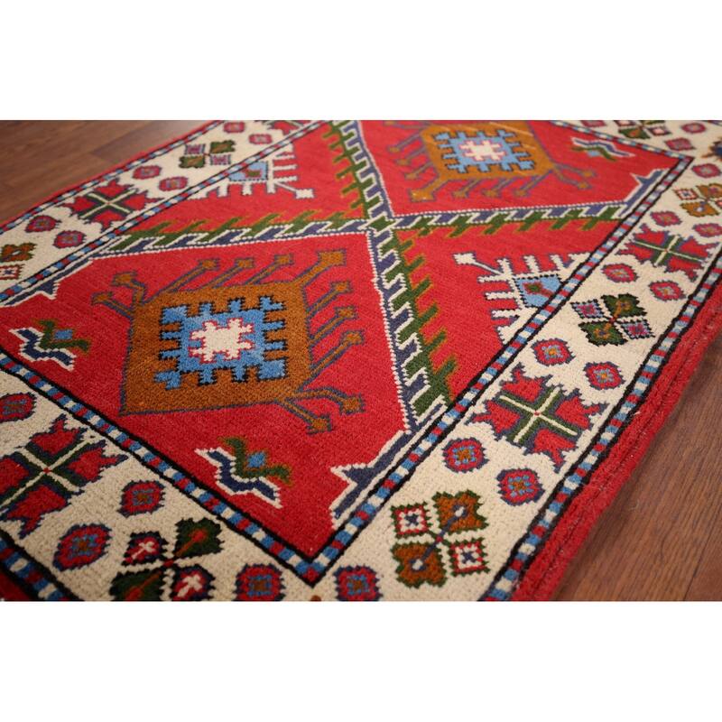 Geometric Red Kazak Accent Rug Hand-Knotted Wool Carpet - 2'1" x 2'11"