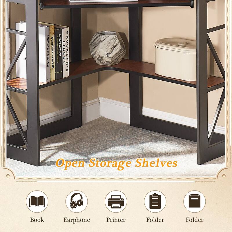 VECELO Triangular Corner Desk with Keyboard Tray Space Saving Metal Computer Desk for Home Office Study Bedroom