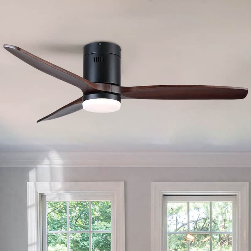 52In. Farmhouse Indoor Flush Mount Low Profile Ceiling Fan with Solid Wood Blades and Remote Control