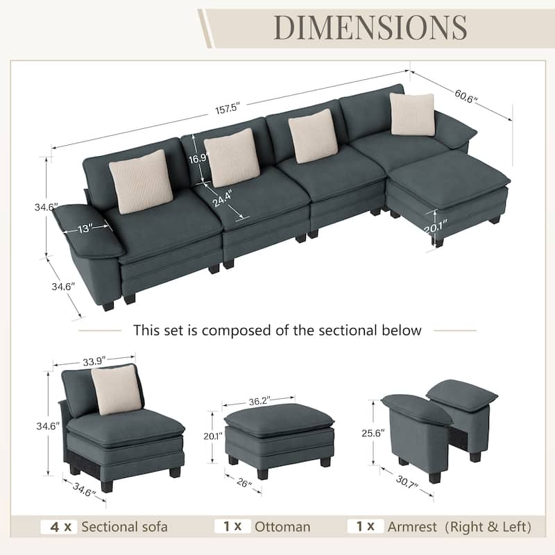 MAISON ARTS Modular Cloud Sectional Sofa, Comfy L- or U-Shaped Couch with Ottomans & Pillows, 4–6 Seat Living Room Sofa