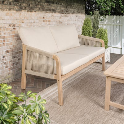 Gable Modern Bohemian Roped Acacia Wood Outdoor Loveseat with Cushions, by JONATHAN Y