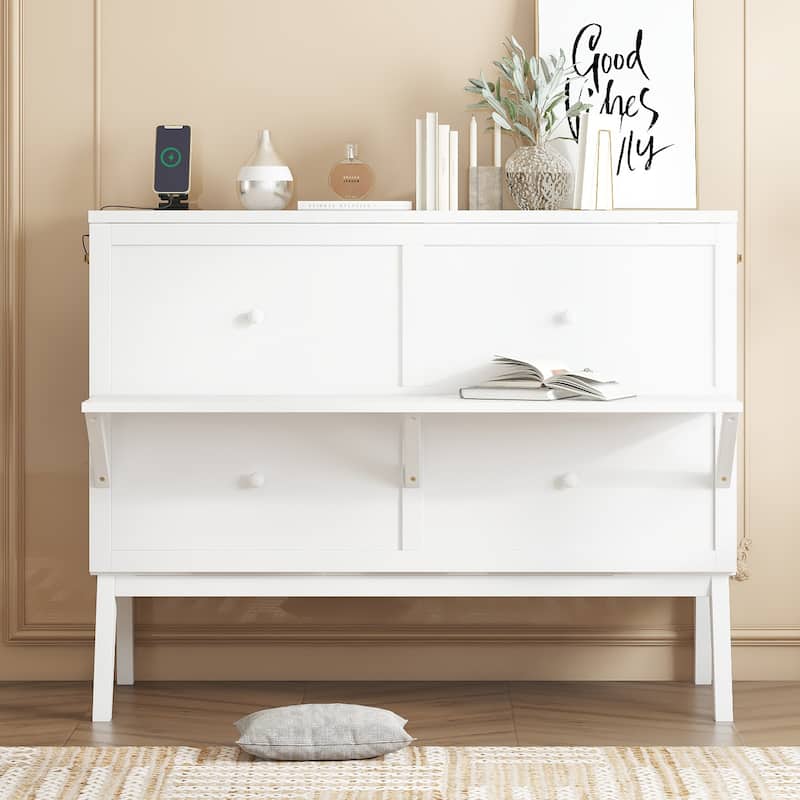 Full Size Murphy Bed with USB Port and Removable Shelves on Each Side, Solid Pine Murphy Cabinet Bed for Home Office