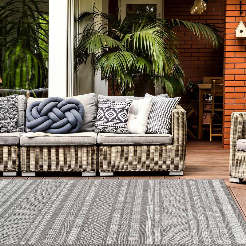 Contemporary Bohemain Stripes Indoor/Outdoor Flatweave Waterproof Backyard Patio Area Rug