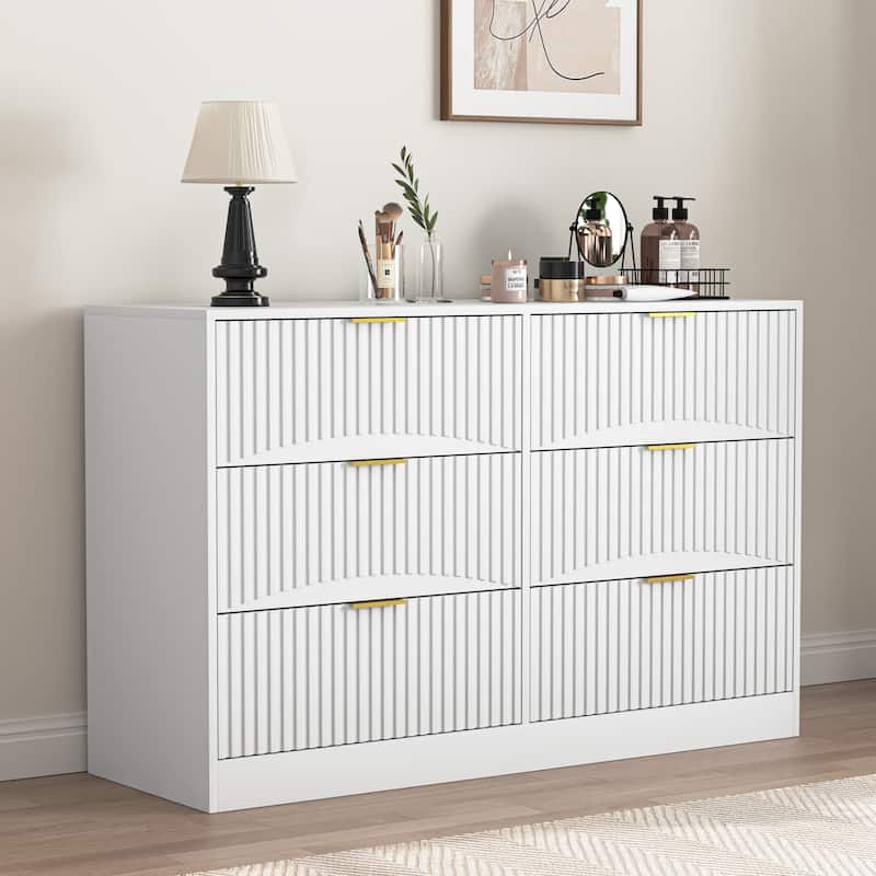 Anmytek White 6 Drawer Dresser Large Storage Cabinet Wavy Pattern Drawer Panel for Bedroom Living Room Hallway Entryway