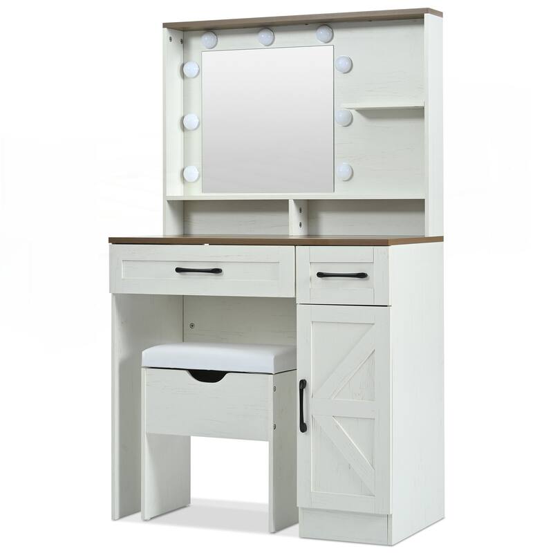 Farmhouse Makeup Vanity Desk with Mirror and Lights