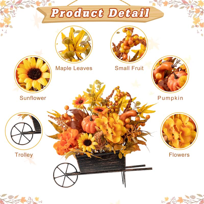 Glitzhome 14"L Fall Floral sunflower Pumpkins/ Sorghum Cart Centerpiece Harvest Table Decor
