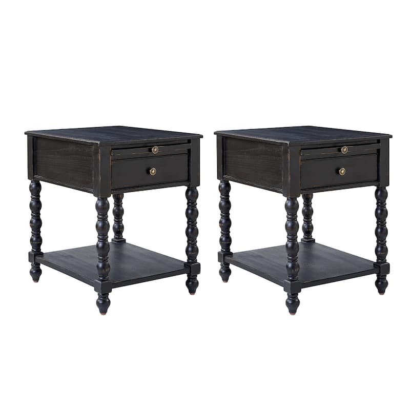 Eric Traditional 26" Tall Solid Wood End Table with Built-in Charging Station and Extendable Tray Set of 2 by HULALA HOME