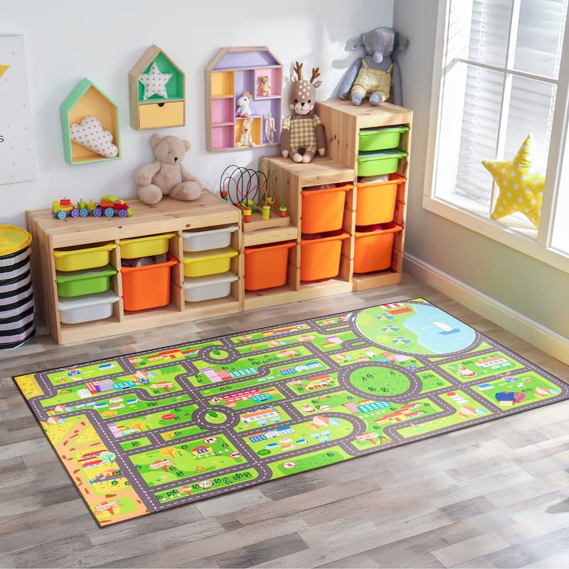 Sorbus City Streets Car Road Map – Interactive Toy Car Route, Activity Area Carpet Rug Floor Playmat, Washable Rug for Kids (L) - Green