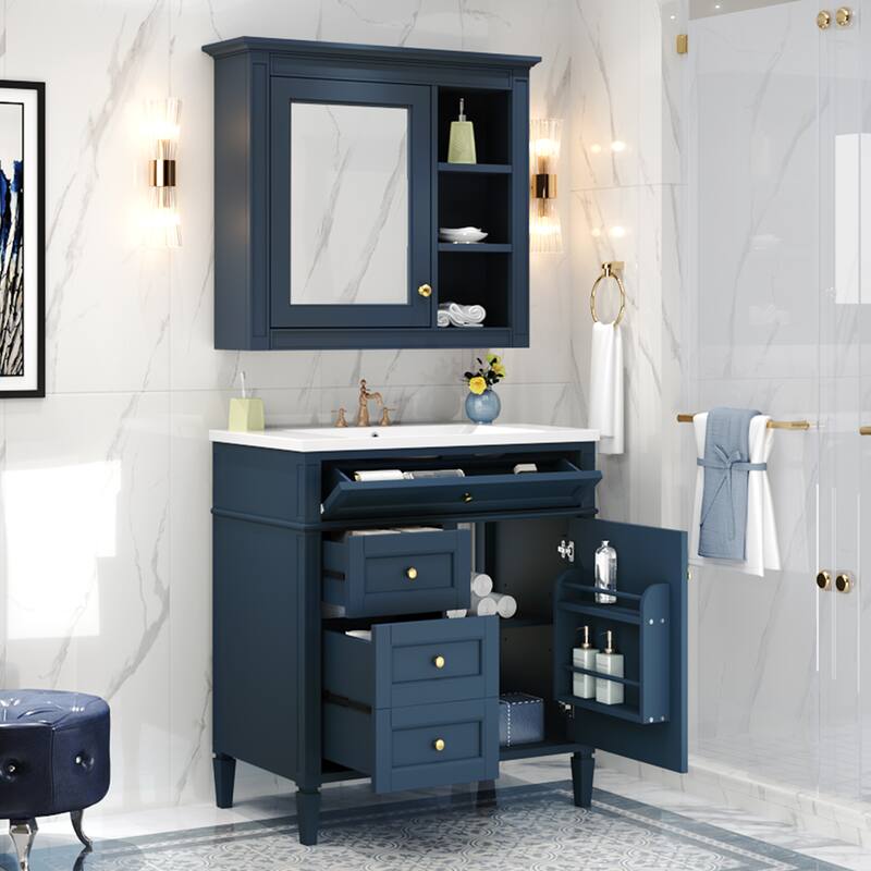 GDFStudio - Ravensden Modern Freestanding Bathroom Vanity Set with Ceramic Sink and Mirror Cabinet with a Tip-out Drawer - 30'W - Blue