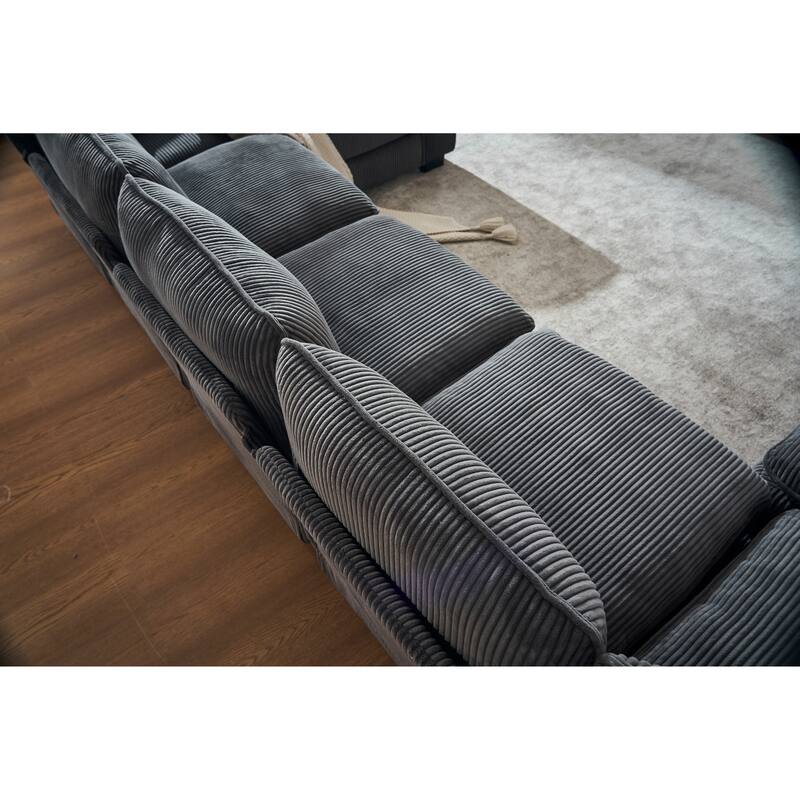 Grey 118.1'' Luxurious U-Shaped 6-Seat Sectional Sofa with Ottoman and 3 Throw Pillows, Durable Corduroy Upholstery