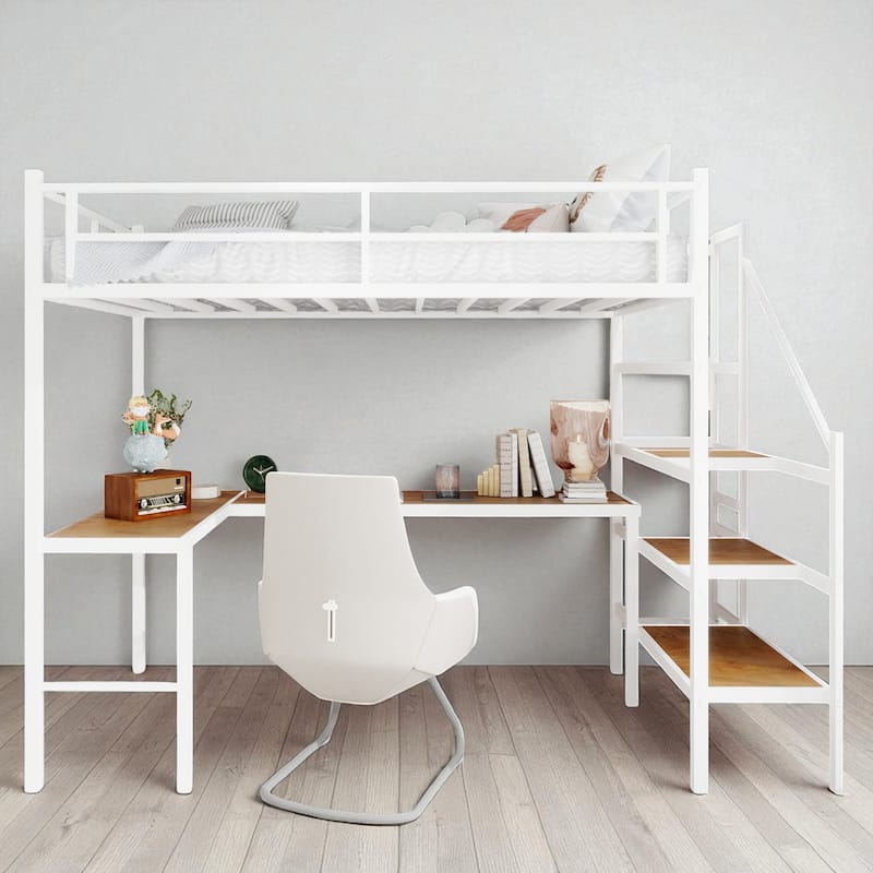 Twin Metal Loft Bed with L-Shaped Desk, Storage Stairs, 360掳 Guardrails, Shelves & Pegboard, Space-Saving Design - White - Twin