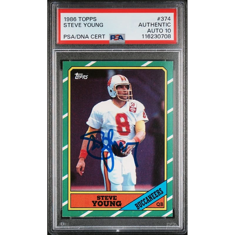 Steve Young 1986 Topps Signed Football Rookie Card #374 Auto Graded PSA 10 Cert # 116230708 - 8' x 11'