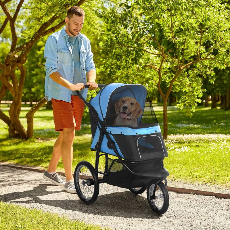 PawHut Pet Stroller for Small and Medium Dogs, 3 Big Wheels Foldable Cat Stroller with Adjustable Canopy
