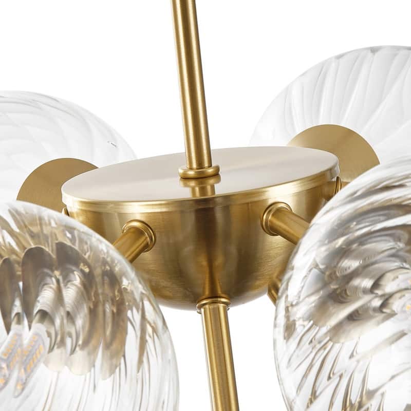 Modern 10-Light Chandelier with Swirl Clear Glass Globes and Brass Finish