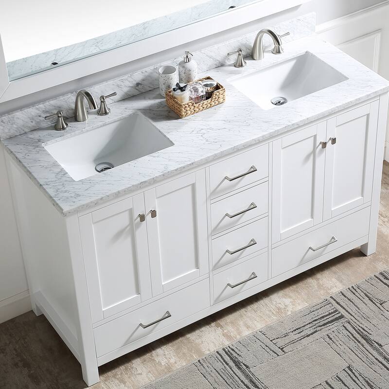Prismatica 60 in. White Vanity with Countertop & Splash, Double Sinks