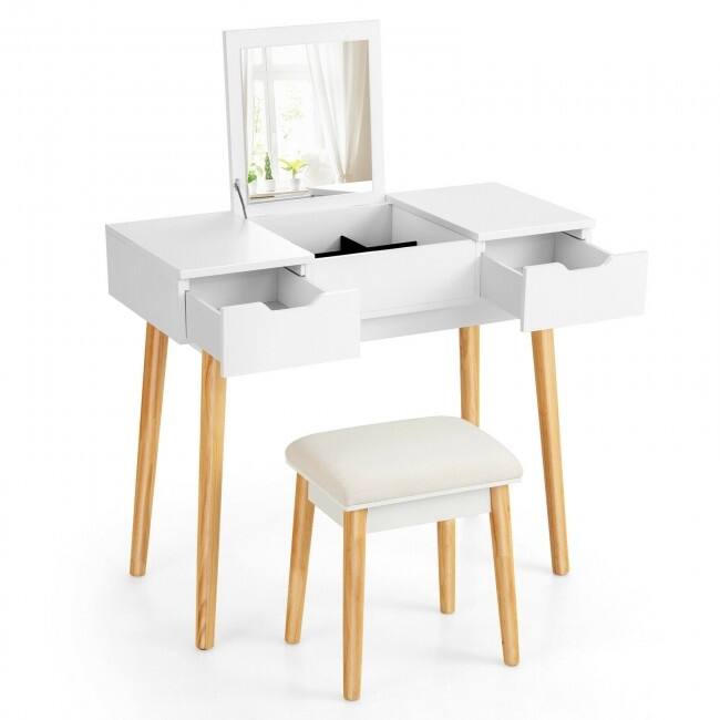 Makeup Vanity Table Set with Flip Top Mirror and 2 Drawers - 35.5" x 16" x 30" (L x W x H) - White